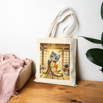 Playful Kitten in the Tea Room Cotton Canvas Tote Bag – Curious Charm & Cozy Whimsy