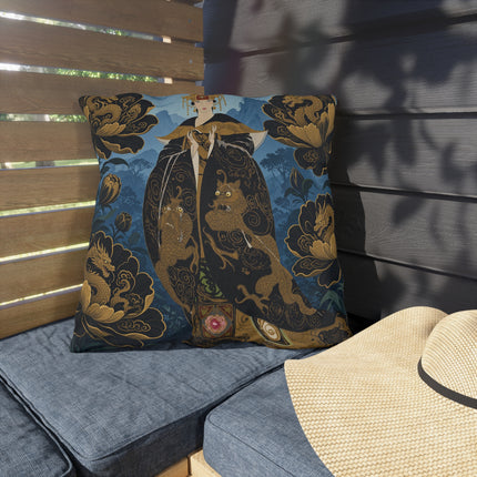 🐉🌺 The Golden Dragon Empress Outdoor Pillow – Art Deco Oriental Fantasy