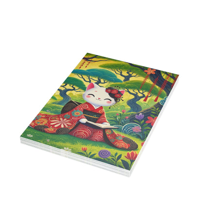 📖🌺 The Enchanted Garden Reader Kitten Greeting Card – Whimsical Japanese Garden