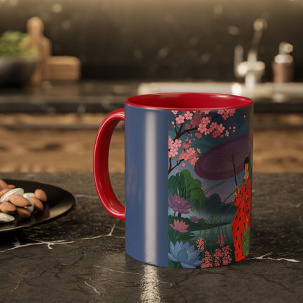 The Lady Of The Cherry Blossoms Colorful Mugs – Art Deco Spring Elegance
