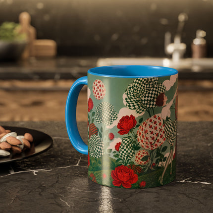 🌹💚 The Scarlet Rose Checkerboard Garden Colorful Mug – Art Deco Floral Whimsy