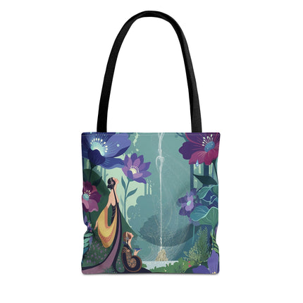💧🌺 The Lady Of The Enchanted Fountain Tote Bag – Art Deco Garden Fantasy