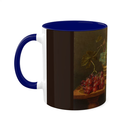 Basket of Grapes and a Pomegranate on a Table by Jacob van Hulsdonck Colorful Mugs, 11oz