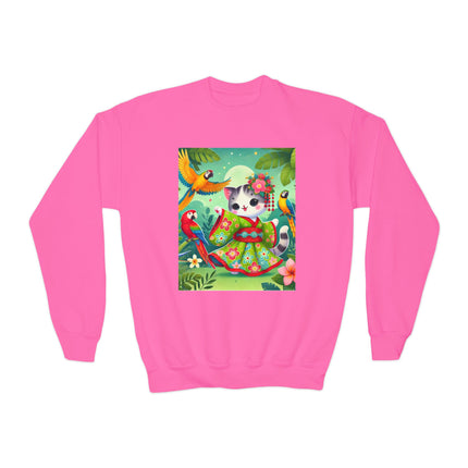 Parrot Dance of the Geisha Kitten Youth Crewneck Sweatshirt – Color, Rhythm & Joyful Expression