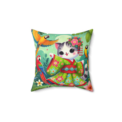 Parrot Dance of the Geisha Kitten Spun Polyester Square Pillow