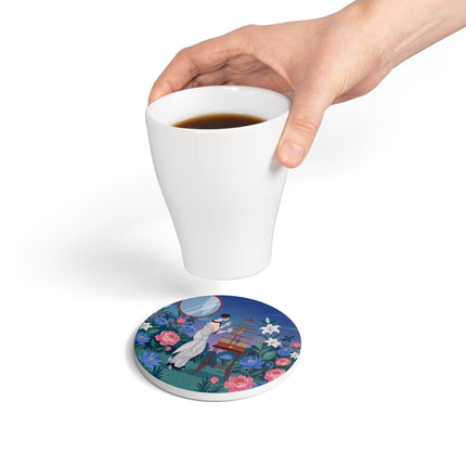 🌸🐦 The Lady Of The Garden Birdcage Ceramic Coaster – Art Deco Floral Elegance