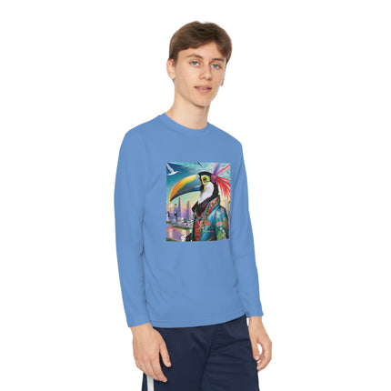 Cyber Toucan Chic Youth Long Sleeve Competitor Tee – Neon Feathers & Futuristic Style