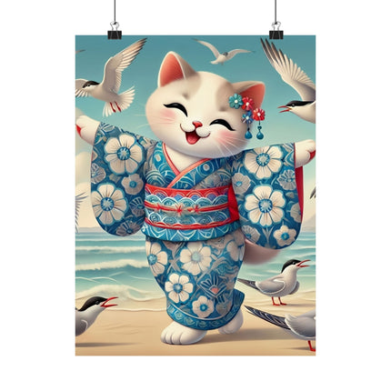 🌊🐱 Geisha Kitten by the Seaside Matte Vertical Poster – Coastal Charm & Ocean Breeze