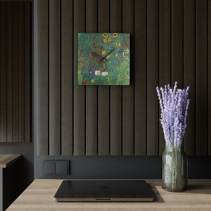 Farm Garden with Sunflowers by Gustav Klimt Acrylic Wall Clock, Round and Square