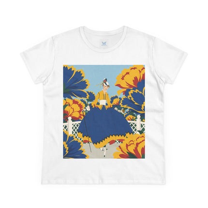 💙🌼 The Golden Petal Promenade Cotton Tee – Art Deco Floral Elegance