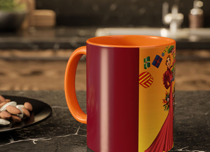 Elegant Holiday Woman with Gifts Colorful Mugs (11oz, 15oz)