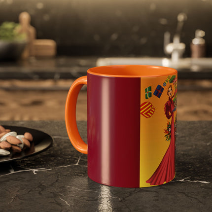 Elegant Holiday Woman with Gifts Colorful Mugs (11oz, 15oz)
