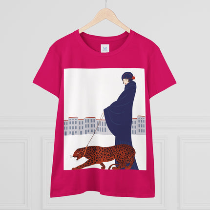 🐆🖤 The Lady With The Leopard Cotton Tee – Art Deco Fashion Illustration