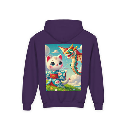 Geisha Kitten and the Dragon Kite Youth Hooded Sweatshirt – Bold Energy & Sky-High Adventure