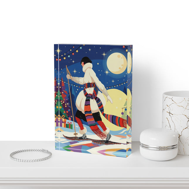 🌙🎿 The Moonlit Christmas Skier Acrylic Art Block – Whimsical Holiday Fantasy