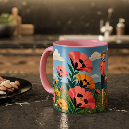 🌸⛵ The Seaside Blossom Promenade Colorful Mug – Art Deco Coastal Elegance