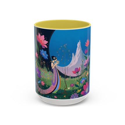 The Lady And The Moonlit Peak Colorful Mugs – Art Deco Alpine Garden Elegance