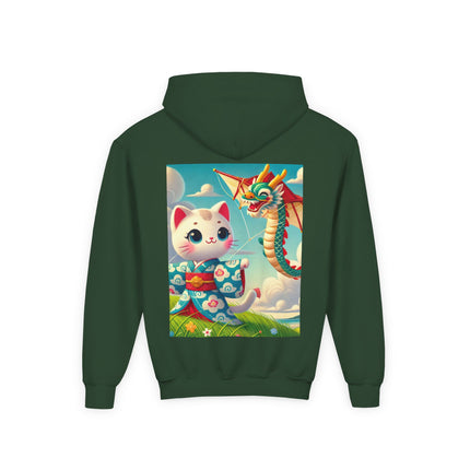 Geisha Kitten and the Dragon Kite Youth Hooded Sweatshirt – Bold Energy & Sky-High Adventure