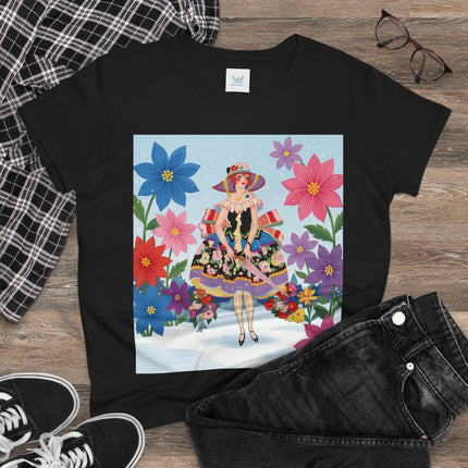 🌸❄️ The Winter Blossom Belle Cotton Tee – Art Deco Floral Fantasy