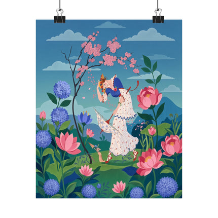 🌸☂️ The Lady Of The Falling Blossoms Matte Vertical Poster – Art Deco Garden Whimsy