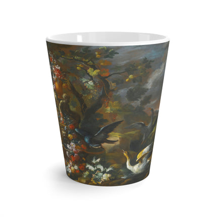 Still Life With Birds Beside An Ornate Fountain by Nicola Casissa Latte Mug