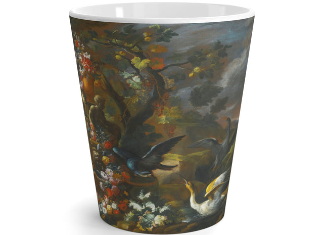 Still Life With Birds Beside An Ornate Fountain by Nicola Casissa Latte Mug