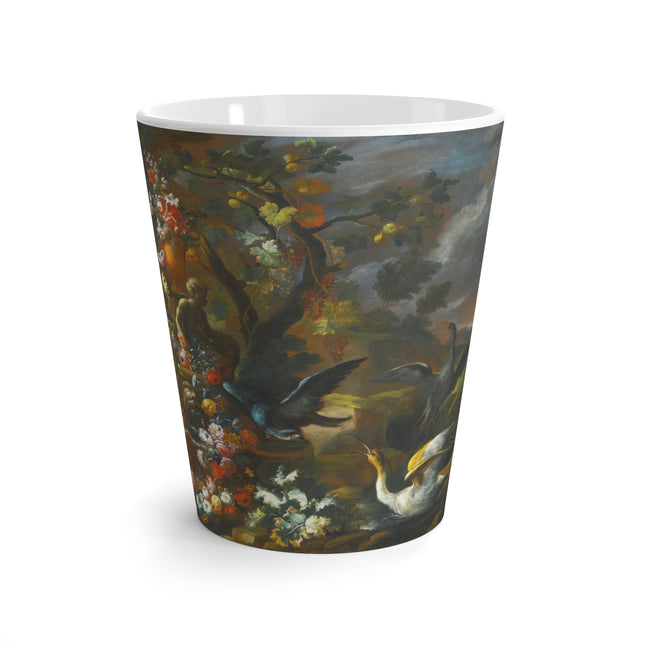 Still Life With Birds Beside An Ornate Fountain by Nicola Casissa Latte Mug