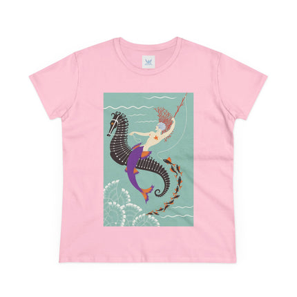 Mermaid on Seahorse Women's Midweight Cotton Tee – Dreamy Ocean Fantasy