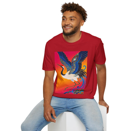 🪽🌅 The Celestial Crane Softstyle T-Shirt – Art Deco Wings Of Elegance