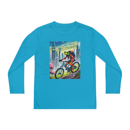 Cyberpunk Frog Youth Long Sleeve Competitor Tee – Neon Trails & Futuristic Adventure