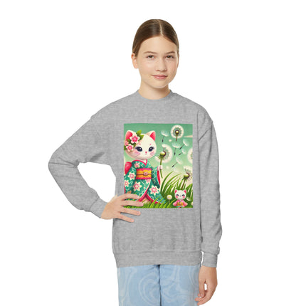 Geisha Kitten and the Dandelion Wish Youth Crewneck Sweatshirt – Gentle Magic, Dreams & Quiet Beauty