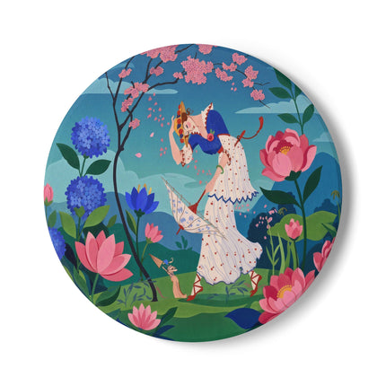 🌸☂️ The Lady Of The Falling Blossoms Ceramic Coaster – Art Deco Garden Whimsy