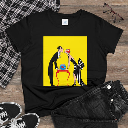Moment of Elegance: A Passionate Embrace Amidst Golden Splendor Women's Midweight Cotton Tee