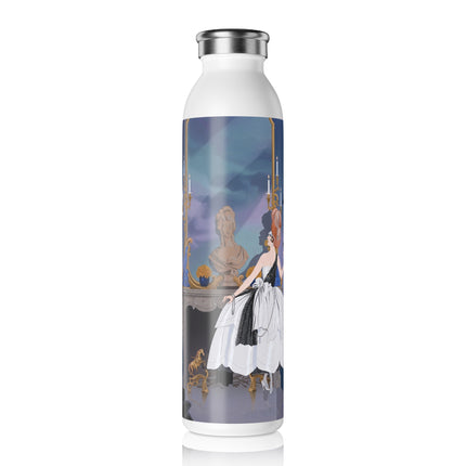 🖤🪞 The Lady At The Midnight Mirror Slim Water Bottle – Art Deco Floral Elegance