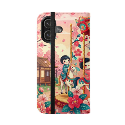 🎠🌸 Geisha Kitten's Enchanted Carousel Flip Case – Whimsical Dreams & Cherry Blossom Magic