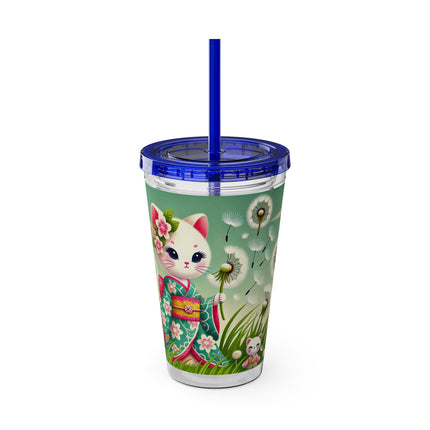 Geisha Kitten and the Dandelion Wish Sunsplash Tumbler with Straw, 16oz