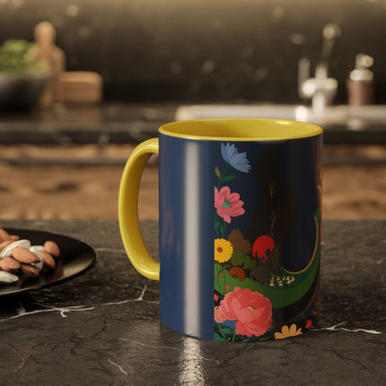 The Lady And The Crimson Moonbird Colorful Mugs – Art Deco Whimsical Garden Elegance