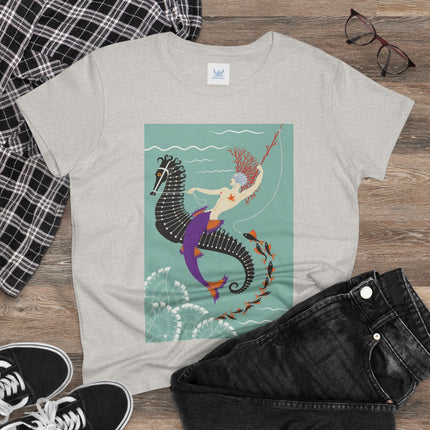 Mermaid on Seahorse Women's Midweight Cotton Tee – Dreamy Ocean Fantasy