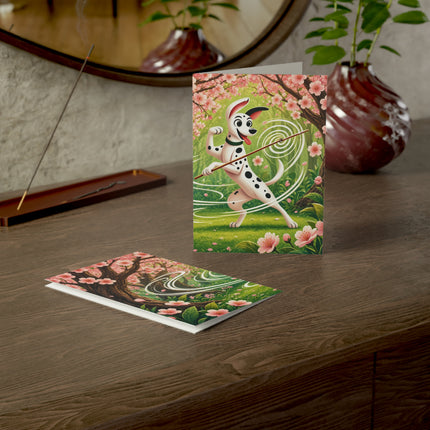 🌸🐕 The Cherry Blossom Staff Dancer Greeting Card – Whimsical Garden Adventure