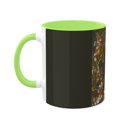 Still Life With Birds Beside An Ornate Fountain by Nicola Casissa Colorful Mugs, 11oz