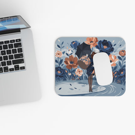 ☂️🌸 The Lady With The Flowered Hatbox Mouse Pad – Art Deco Rainy Day Elegance