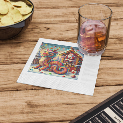 Playful Dragon's Christmas White Coined Napkins