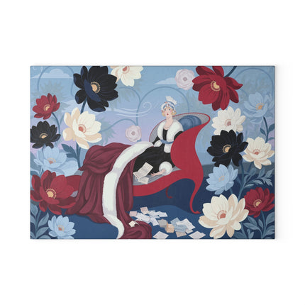 🌺💌 The Lady Of The Scarlet Chaise Glass Cutting Board – Art Deco Floral Fashion Elegance