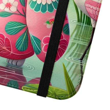 🦩🌸 Geisha Kitten Strolls Among the Spoonbills Flip Case – Serene Grace & Marshland Wonder