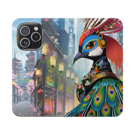 🦚🌸 Techno Plumes Peacock Flip Case – Neon Elegance & Sakura Dreams