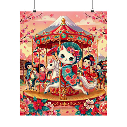 🎠🌸 Geisha Kitten's Enchanted Carousel Ride Matte Vertical Poster – Whimsical Dreams & Cherry Blossom Magic