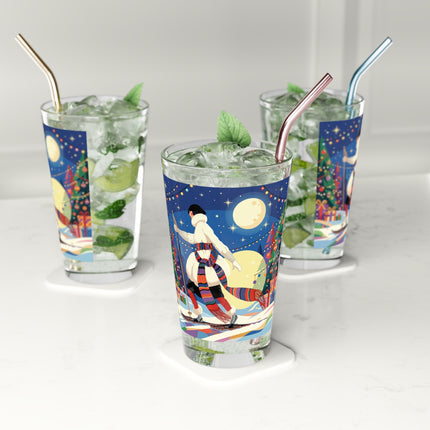 🌙🎿 The Moonlit Christmas Skier Pint Glass – Whimsical Holiday Fantasy
