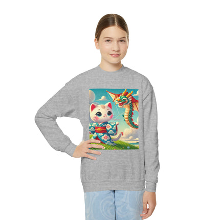 Geisha Kitten and the Dragon Kite Youth Crewneck Sweatshirt – Freedom, Motion & Playful Spirit
