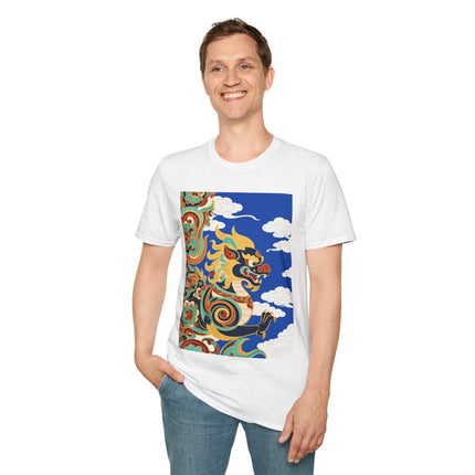🦁☁️ The Celestial Snow Lion Softstyle T-Shirt – Tibetan Mythical Guardian & Sacred Clouds
