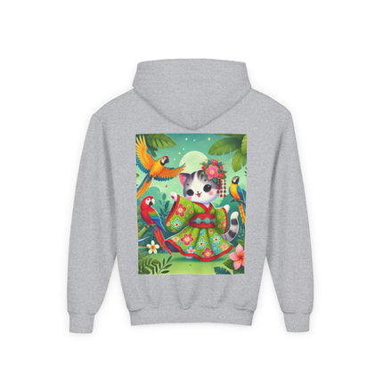 Parrot Dance of the Geisha Kitten Youth Hooded Sweatshirt – Tropical Joy & Whimsical Color